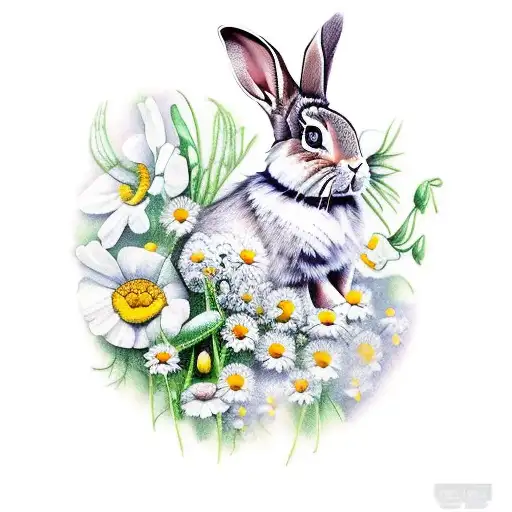 rabbit with daisies and sweet peas tattoo design idea
