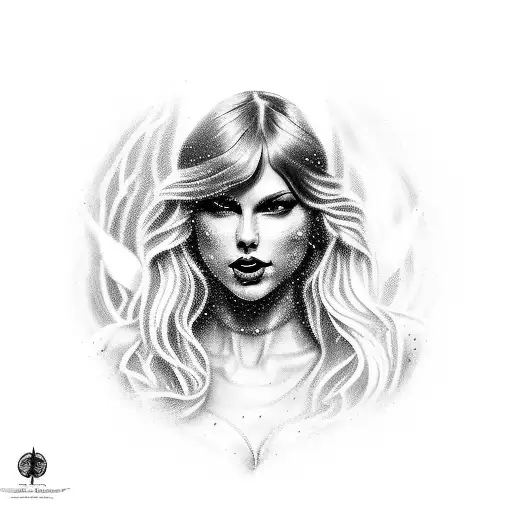 A mystical tattoo depicting Taylor Swift as a powerful sorceress surrounded by swirling fantasy elements tattoo design idea