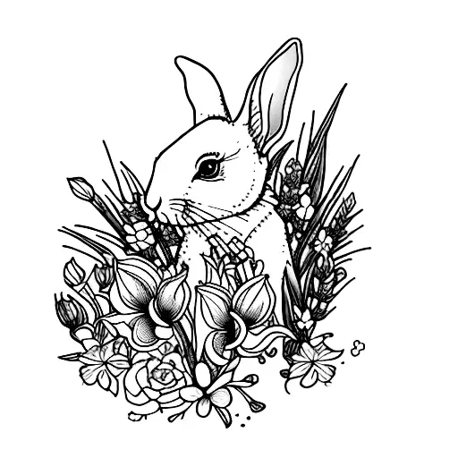 delicate and feminine tattoo of a rabbit surrounded by irises, lavendar, and april flowers, a butterfly and hummingbird tattoo design idea