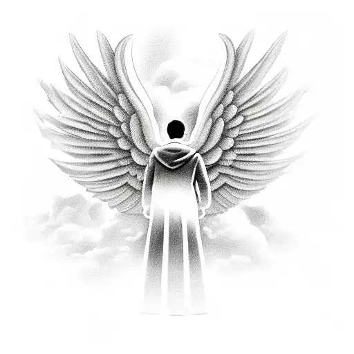 A detailed scene of a guardian angel guiding you along a path, with your dad's face subtly hidden in the clouds tattoo design idea