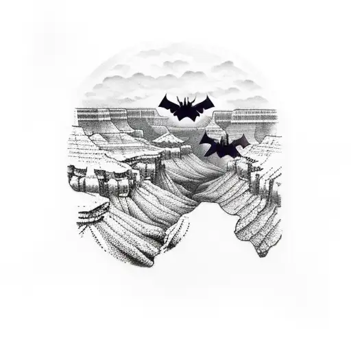 grand canyon overhead view with bats flying out of it tattoo design idea