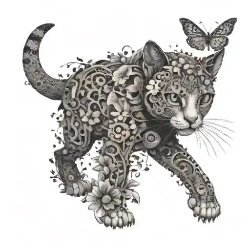 mechanical cat walking front view with birds and flowers in black and white  tattoo design idea