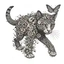 mechanical cat walking front view with birds and flowers in black and white  tattoo design idea