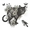 mechanical cat walking front view with birds and flowers in black and white  tattoo design idea