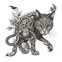 mechanical cat walking front view with birds and flowers in black and white  tattoo design idea