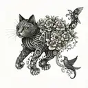 mechanical cat walking front view with birds and flowers in black and white  tattoo design idea
