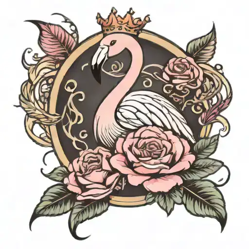 cutesy flamingo and roses with crown looking tattoo design idea