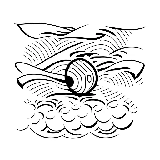 Minimalist "Cricket Bat And Ball Surrounded By Waves" Tattoo Idea BlackInk AI