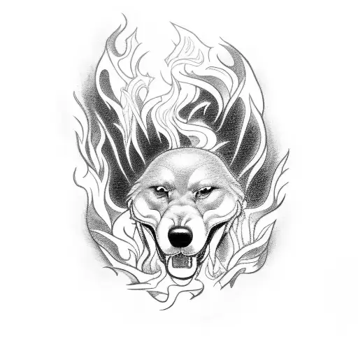 Cerberus emerging from a burning building tattoo design idea