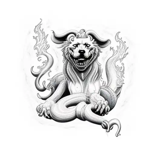 Firefighter taming Cerberus with fire tattoo design idea