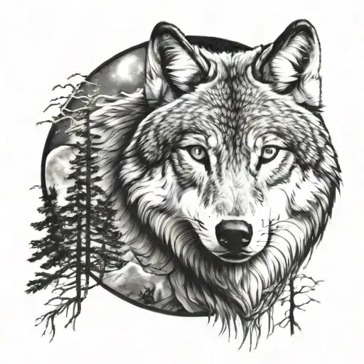 wolf, night owl, forest, moon inside tattoo design idea