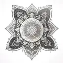 An intricate mandala design inspired by martial arts movements, representing strength and discipline, with a touch of programming code integrated within the pattern tattoo design idea