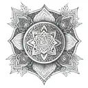 An intricate mandala design inspired by martial arts movements, representing strength and discipline, with a touch of programming code integrated within the pattern tattoo design idea