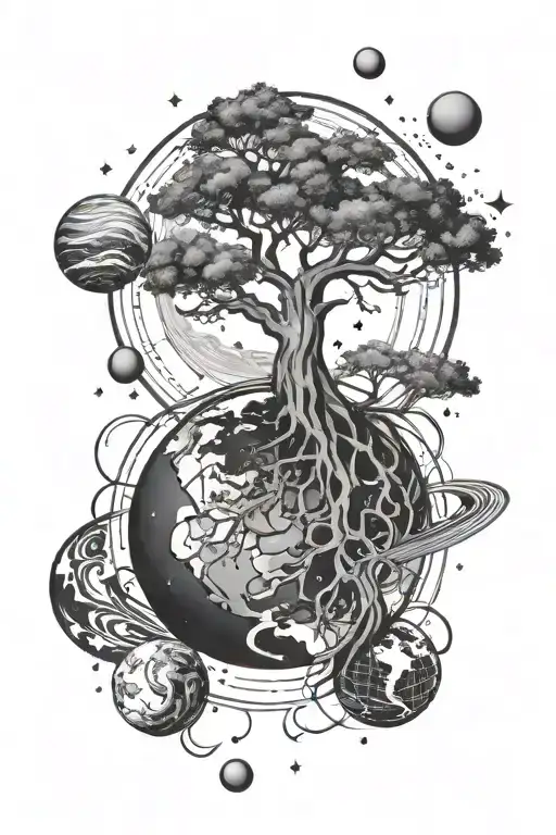 Earth with tree growing into space with planets orbiting tattoo design idea