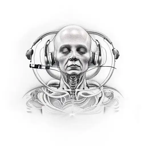 Create a black tattoo sketch of a non-humanoid alien wearing headphones and listening to the Voyager 1 Golden Record. Th tattoo design idea