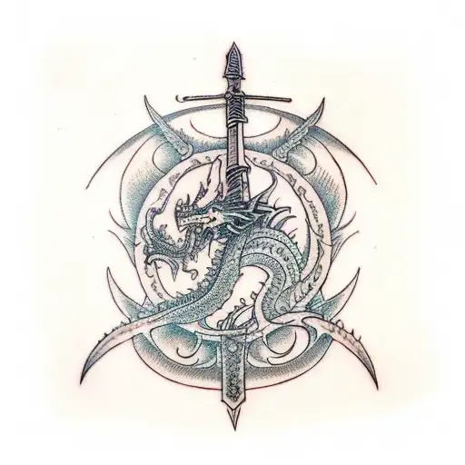 spine tatto of a sword with dragon wrapped around with lakshmi and the bottom tattoo design idea