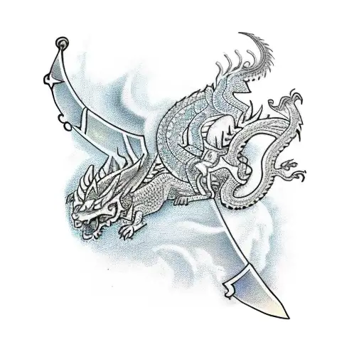 spine tattoo of a sword with dragon wrapped around with lakshmi the goddess at the bottom tattoo design idea