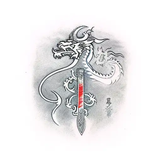 spine tatto of a sword with dragon wrapped around with lakshmi the goddess at the bottom tattoo design idea