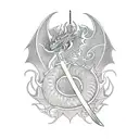 spine tatto of a sword with dragon wrapped around with lakshmi and the bottom tattoo design idea