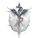 spine tatto of a sword with dragon wrapped around with lakshmi and the bottom tattoo design idea