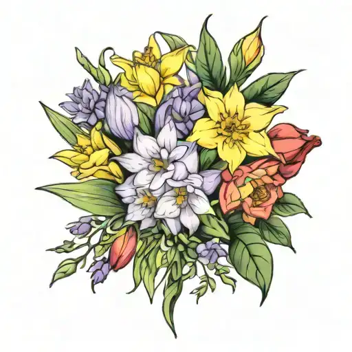 customized tattoo design featuring a small bouquet of narcissus, rose, aster, honeysuckle, iris, lily, violet, holly tattoo design idea