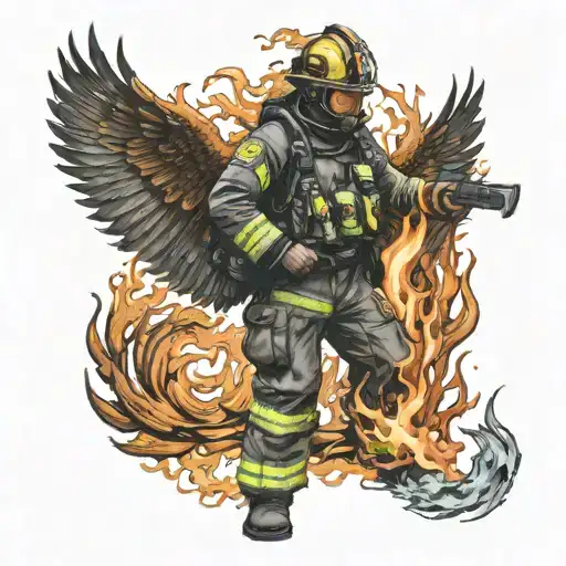 A phoenix rising from a bed of flames into a firefighter in gear tattoo design idea