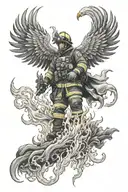 Bed of flames with a firefighter in flames saving life with a phoenix in the background tattoo design idea