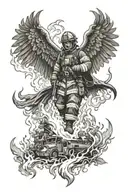 Bed of flames with a firefighter in flames saving life with a phoenix in the background tattoo design idea