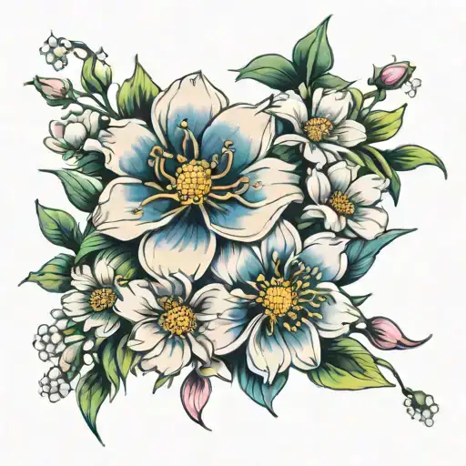 cosmos, peony, snowdrops, sakura, daisy flower tattoo design idea