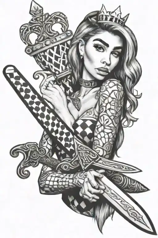 Chantel Jeffries holding a checkerboard pattern Sword with crown tattoo design idea