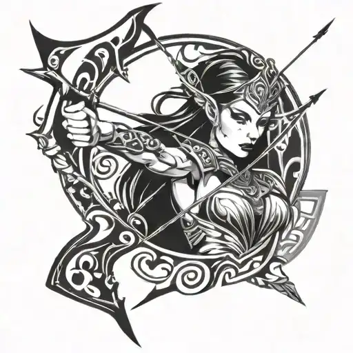 elven queen with bow and arrow pointing tattoo design idea