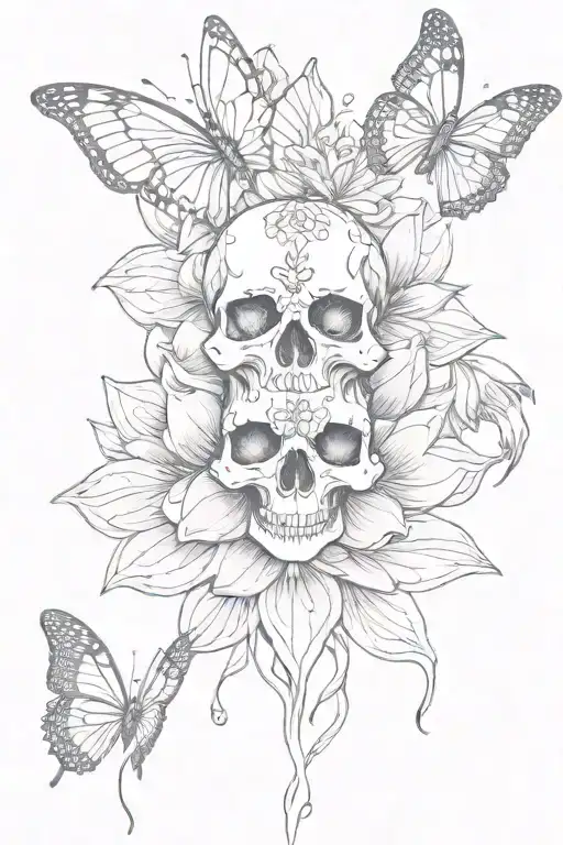 skull lotus flower butterfly tattoo design idea