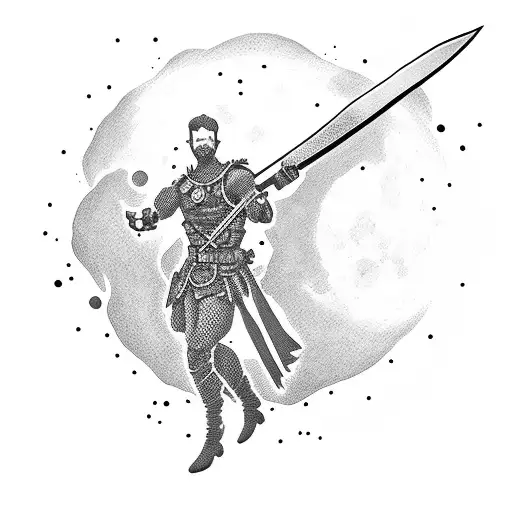 Commando silhouette holding a dagger against a moonlit sky tattoo design idea