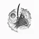 Commando silhouette holding a dagger against a moonlit sky tattoo design idea