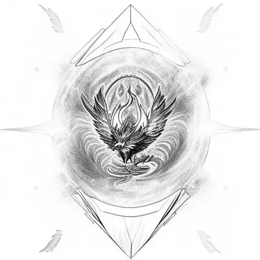 A phoenix rising from a black hole, representing rebirth and the mysteries of the universe tattoo design idea
