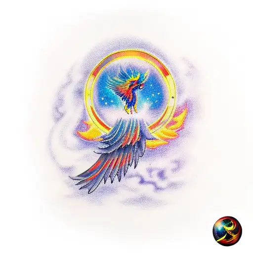 A phoenix rising from a black hole, representing rebirth and the mysteries of the universe tattoo design idea
