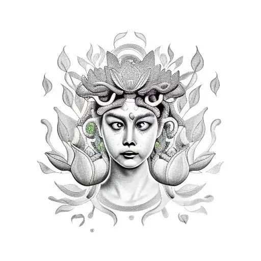medusa crying with lotus flowers  tattoo design idea