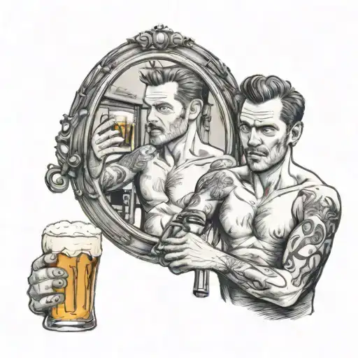 A man stands in front of a mirror and drinks beer with himself tattoo design idea