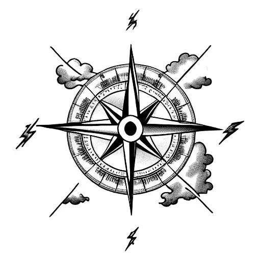 A tattoo of a compass surrounded by storm clouds and lightning bolts tattoo design idea