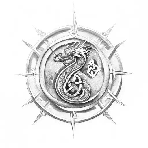 Celtic dragon, storm, compass tattoo design idea