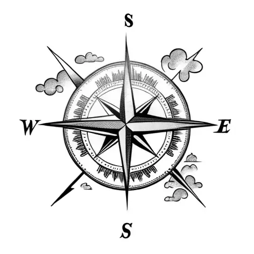 A tattoo of a compass surrounded by storm clouds and lightning bolts tattoo design idea