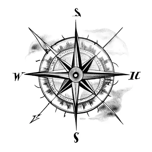 A tattoo of a compass surrounded by storm clouds and lightning bolts tattoo design idea