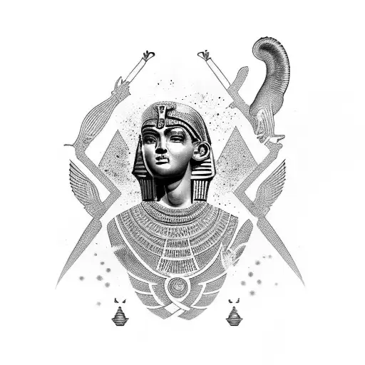 a grey and black tattoo mix themes like: Greek and Egyptian figures, cats, movements, emotions, death, and inscriptions tattoo design idea