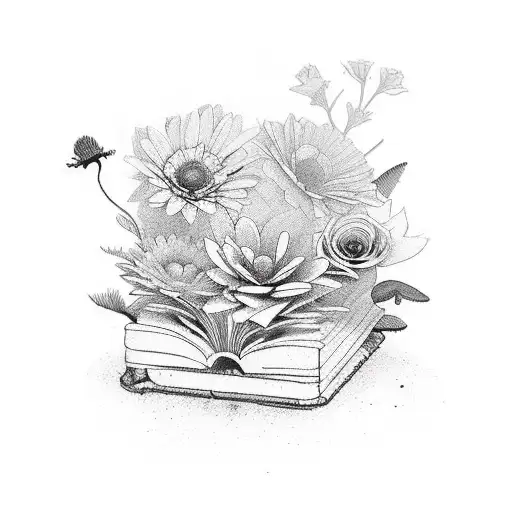 A collection of vibrant flowers arranged in the shape of a book, with a paintbrush resting on top tattoo design idea