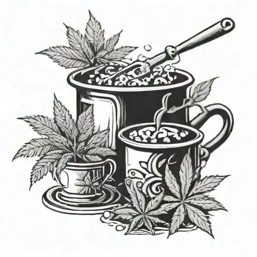 A black and grey tattoo of a cannabis plant intertwined with gardening tools, with a hidden image of a cooking pot simmering on a stove tattoo design idea
