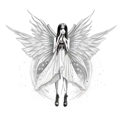 a deep simple beauty balck Fairy with wings and long hair tattoo , in her hand a small old broken mirror  tattoo design idea