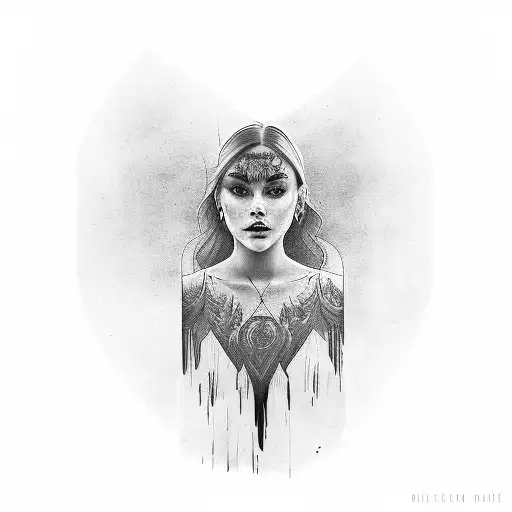 A girl standing in front of a mirror, but her reflection shows a different, dark tattoo design idea