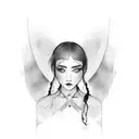 A girl standing in front of a mirror, but her reflection shows a different, dark tattoo design idea