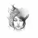 A girl standing in front of a mirror, but her reflection shows a different, dark tattoo design idea