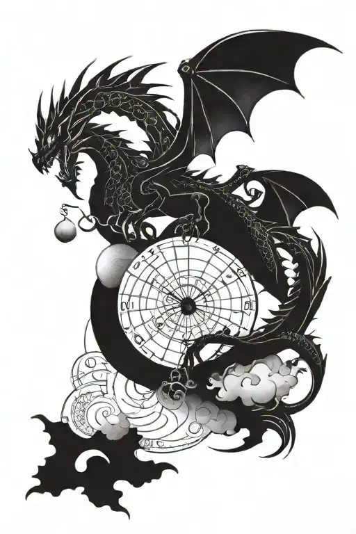 dragon flying towards bright shining half moon phases tattoo design idea